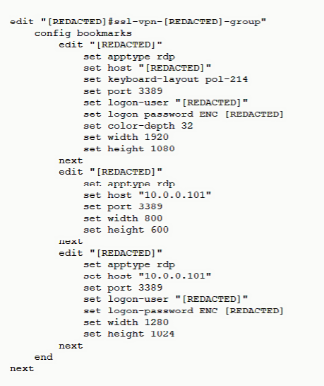 RDP bookmark from the Fortinet configuration